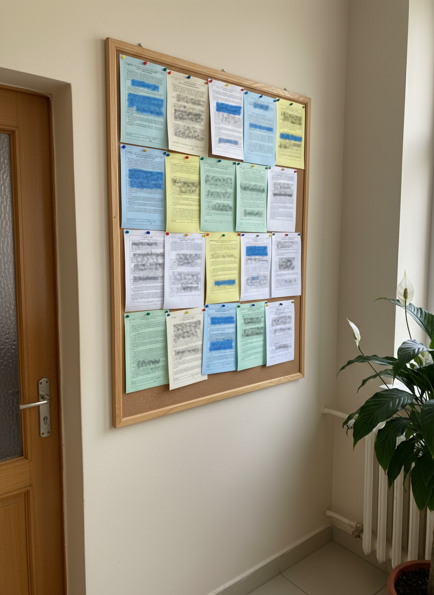 A clean, photographic realism image of a neatly organized bulletin board inside a modest town hall lobby, filled with colorful but legible public notices and printed announcements, all without any readable text. The cork board is framed by simple light wood, mounted on a pale neutral wall, with nearby elements like a closed office door, a potted plant, and a radiator suggesting an authentic local institution. Diffused overcast daylight filters through an unseen window, creating soft, even lighting and minimal shadows. Shot from a slightly diagonal angle at eye level, the composition focuses on the layered papers and pushpins, representing transparency, information, and community updates for Răscăeți residents, with a calm and organized atmosphere suitable for news about public decisions and local governance.